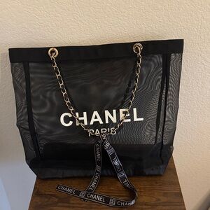 CHANEL Black Mesh Tote with Gold Chain